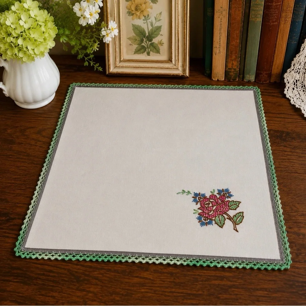 Vintage Hand Embroidered Linen Table Topper Crochet Edge 17.5” Cottagecore